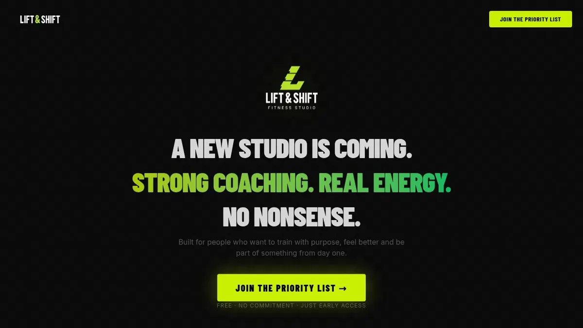 Lift & Shift Fitness prelaunch website with its new-studio announcement